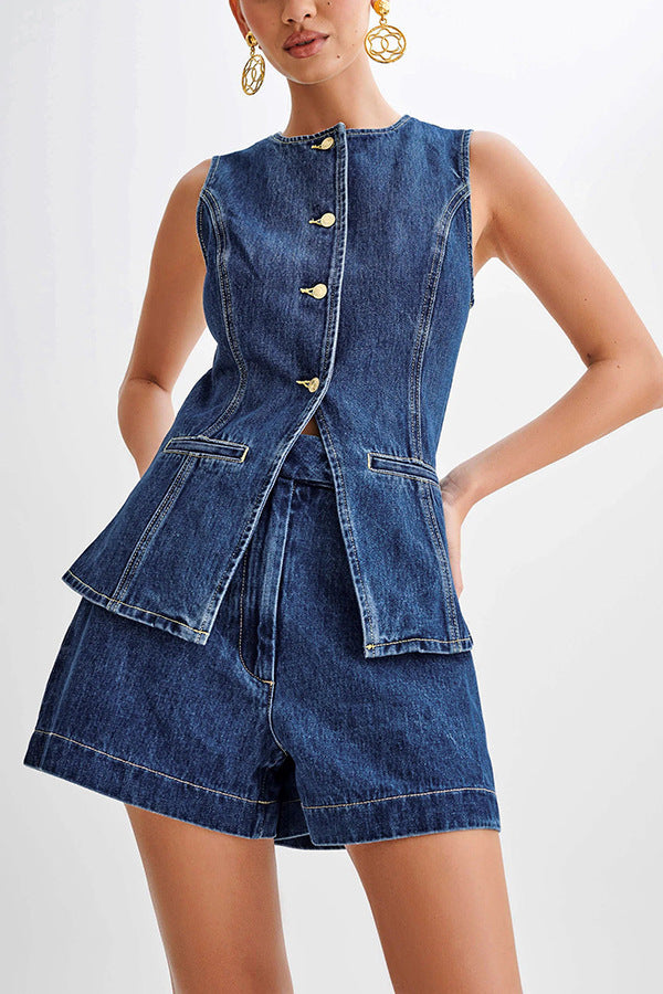 Denim Fashion Casual Sleeveless Women's Suit