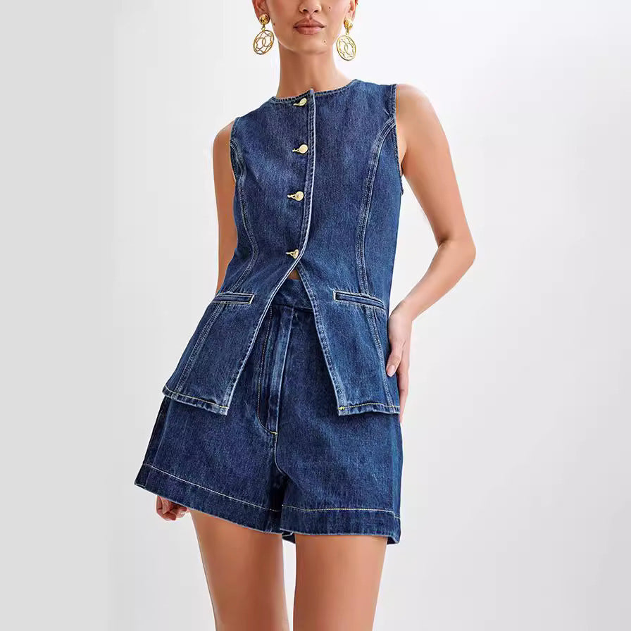 Denim Fashion Casual Sleeveless Women's Suit